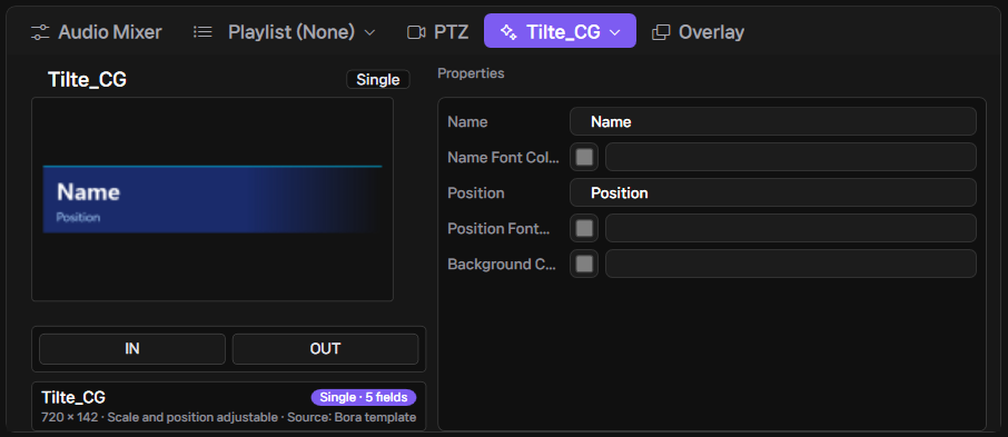 GEMISO LIVE STUDIO CG editor screenshot — editing text fields of a static lower-third