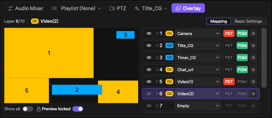 GEMISO LIVE STUDIO CG screenshot — Limitless Design Freedom, 10 Overlay Slots (CG / Graphic Overlays)