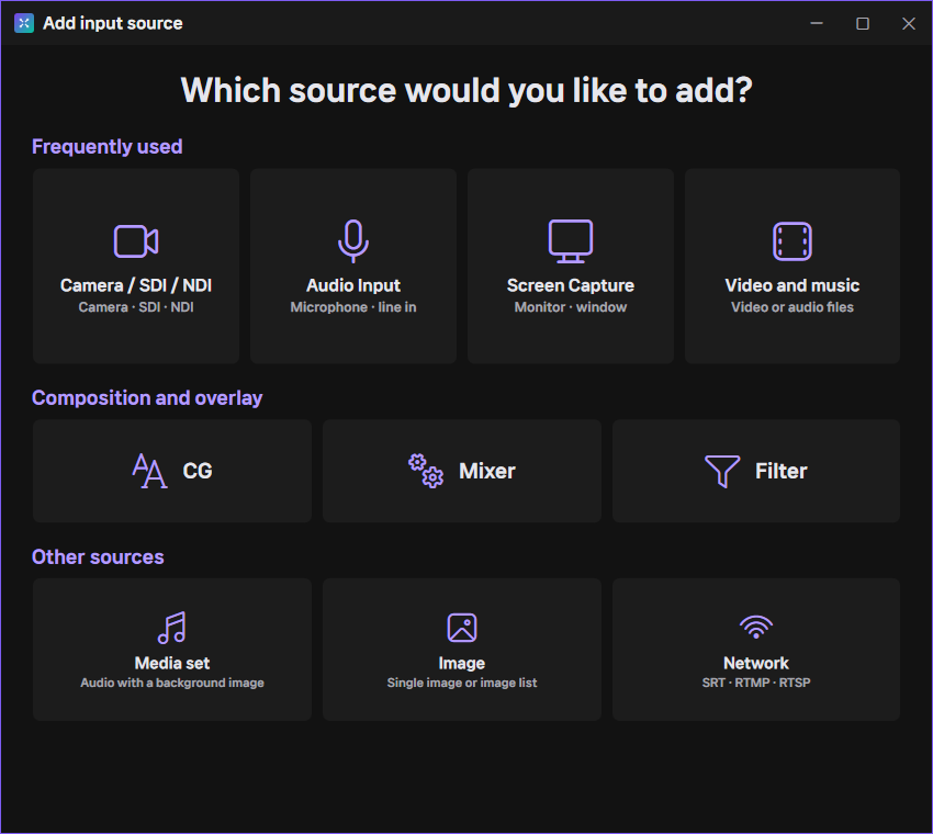GEMISO LIVE STUDIO Sources screenshot — Bring Any Source onto One Screen (Diverse Input Sources)
