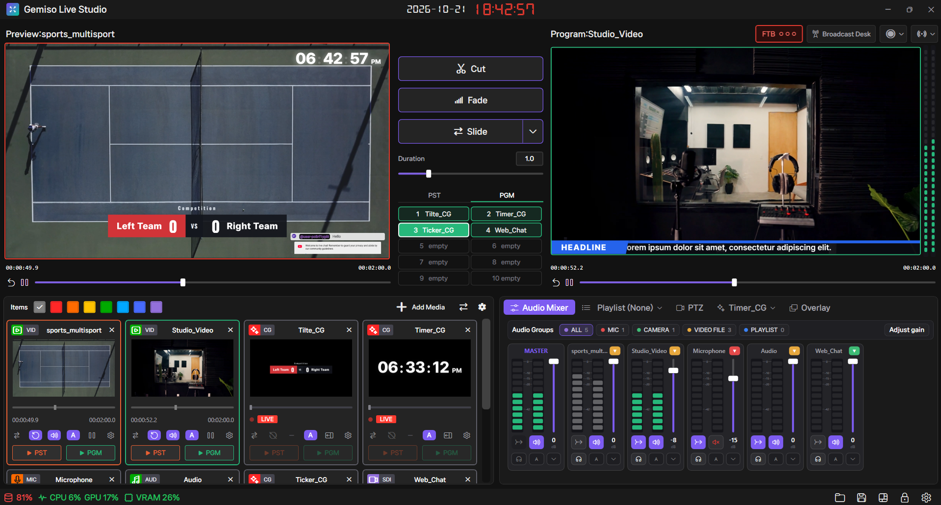Gemiso Live Studio All-in-One Live Production Studio screenshot — One PC becomes your all-in-one live production studio