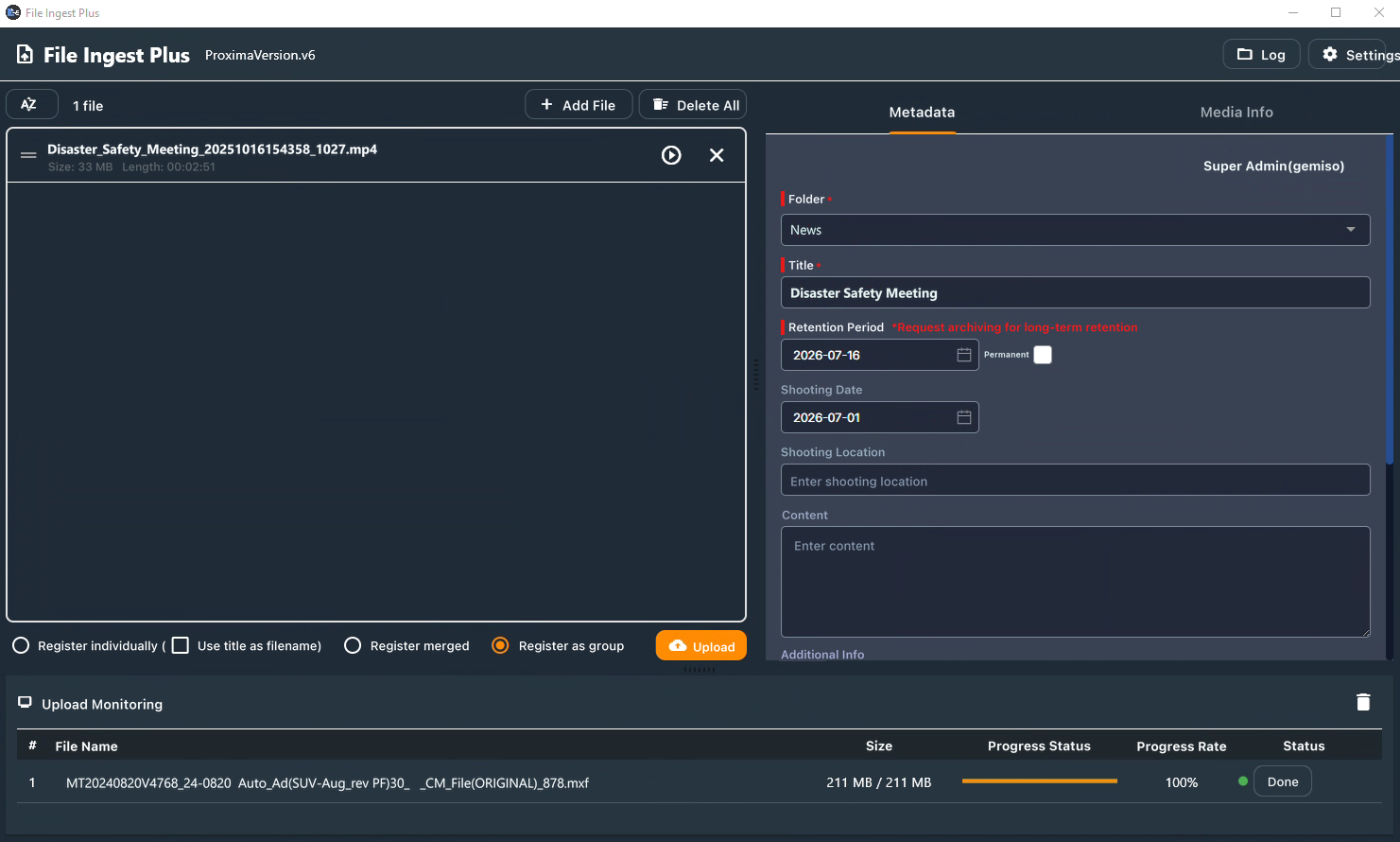 PROXIMA Ingest screenshot — Media Ingest