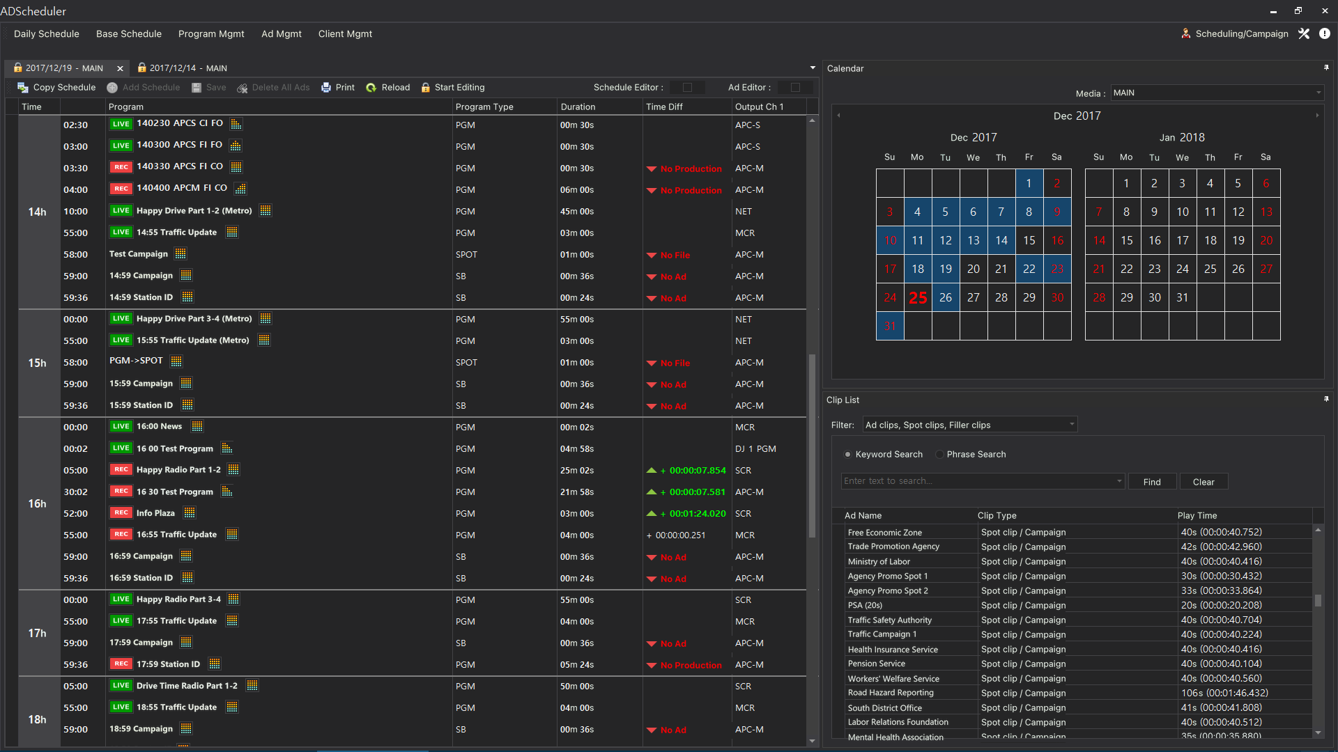 GEMISO RADIO LIVE Manager screenshot — Scheduling