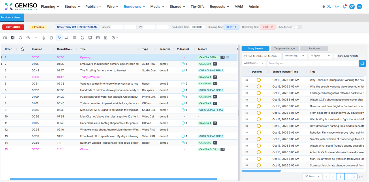 Zodiac Newsroom · NRCS screenshot — From Planning to Playout, All in One Newsroom