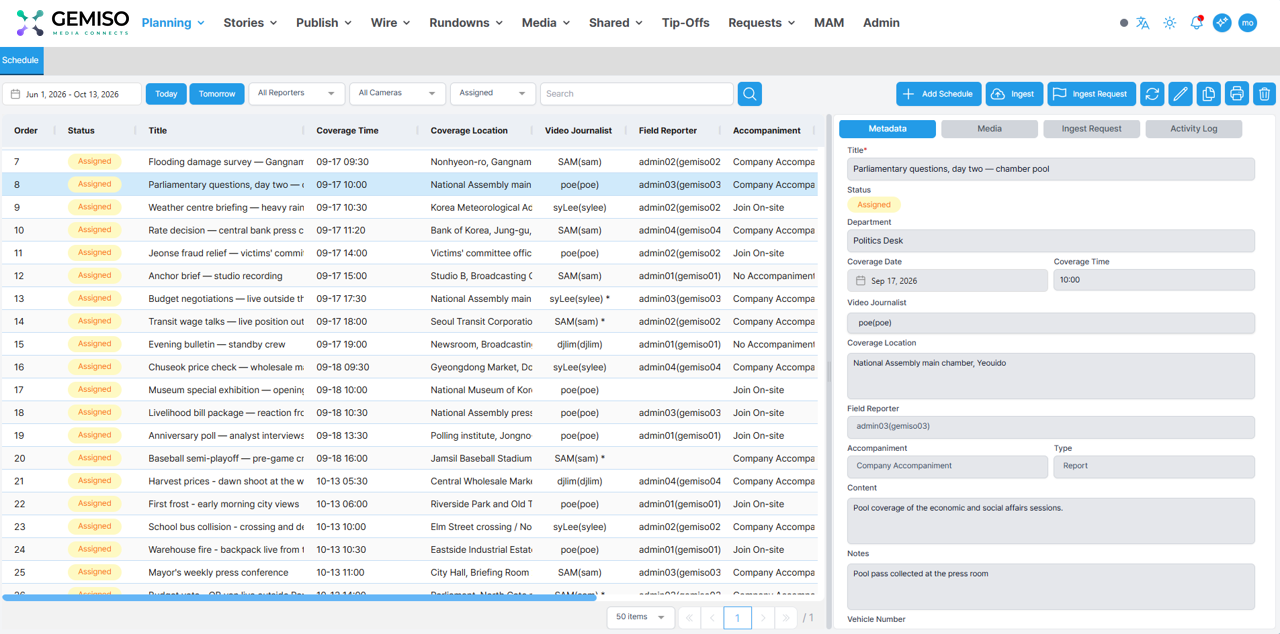 ZODIAC Planning screenshot — News Planning